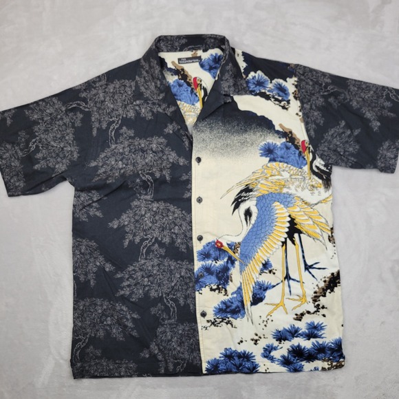 No Boundaries Shirt Mens XL Black White Crane Pine Tree Japanese Print Casual - Picture 1 of 8